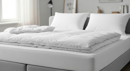 A neatly made bed with white linens, pillows, and duvet in a bright, minimalist bedroom setting.