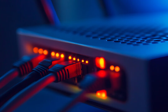 Close-up of a server hub in operation, showing network connections with cables and glowing status LEDs, illuminated in a modern, low-light environment. #network #server #tech