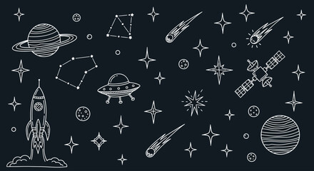 Hand-drawn chalk style cosmic elements set including rocket, planets, stars, constellations, satellite, and UFO, perfect for space education and adventure themes