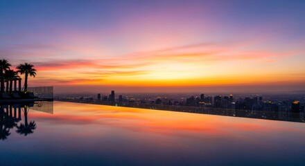Rooftop infinity pool reflecting a vibrant sunset over a cityscape, with palm trees silhouetted on the left.