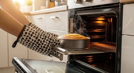 Baking Delight Person Removing Cake from Oven with Oven Mitt, Warm Kitchen Scene