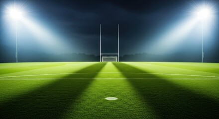 Stadium field illuminated by bright spotlights at night, goalposts in the distance.