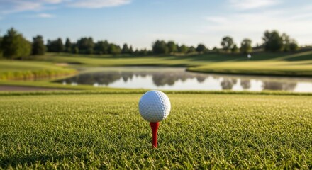 A golf ball sits atop a tee on a green, overlooking a serene pond.