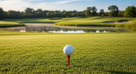 Golf ball on a tee, set against a lush green golf course with a pond and trees in the background.