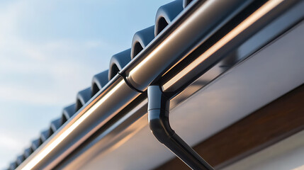 Naklejka premium A sleek roof gutter with a glossy finish against a clear sky, seamlessly blending functionality and modern design, ensuring efficient water drainage with an aesthetic touch.