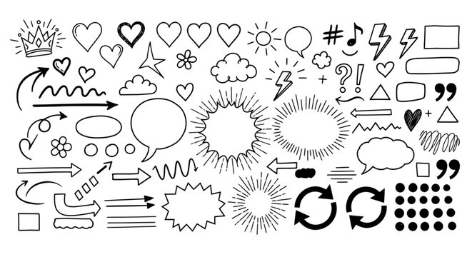Hand-drawn doodle vector elements set for creative graphic design projects, featuring arrows, speech bubbles, hearts, stars, and abstract shapes for playful digital art compositions