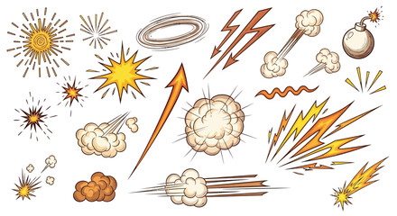 Dynamic cartoon visual effects collection featuring explosions, lightning bolts, and speed lines for impactful storytelling and dramatic action scenes in graphic design projects