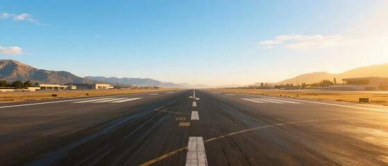 An expansive airport runway under a clear blue sky with mountains in the distance, ideal for flight operations.
