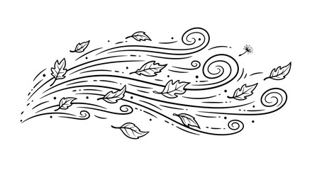 Fototapeta premium Dynamic black and white illustration depicting strong wind currents with autumn leaves and dandelion seeds blowing, capturing the essence of a breezy natural environment and seasonal change