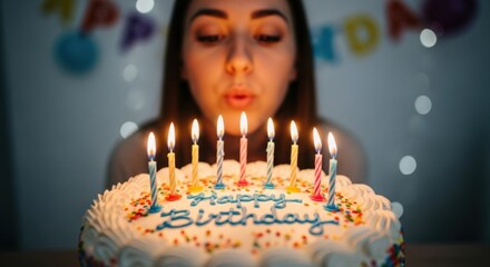 A young woman blows out candles on a birthday cake, celebrating a special occasion.