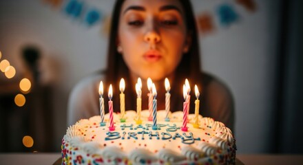 A young woman blowing out candles on a birthday cake, celebrating.