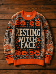 Resting Witch Face halloween sweater - an ugly holiday sweater design with knitted words and pumpkin pattern. On wood plank background.