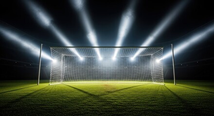 Soccer goal on a green field illuminated by bright stadium lights at night.