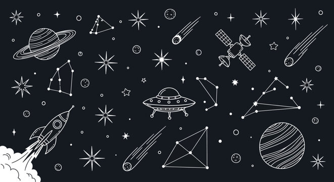 Hand-drawn cosmic doodle collection featuring planets, stars, rockets, satellites, and celestial objects. Perfect for astronomy, science, and outer space themed designs