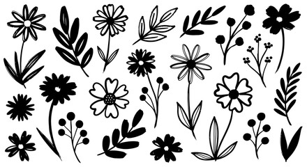 Hand-drawn vector floral elements. Minimalist black and white illustrations of various flowers, leaves, and sprigs for natural design, crafts, and decorative accents