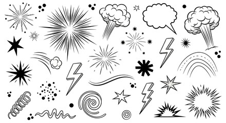 Energetic Visual Effects Toolkit Featuring Explosive Starbursts, Electric Lightning Bolts, Dynamic Motion Lines, and Decorative Elements for Graphic Designs