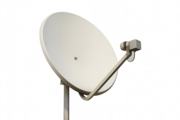 White satellite dish receiving communication signals, providing broadcast and internet connection on transparent background