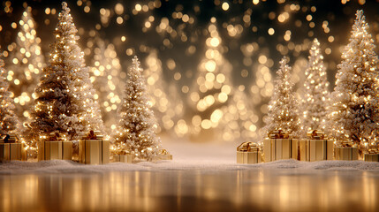 Elegant and luminous golden Christmas trees. Blurred bokeh warm golden lights