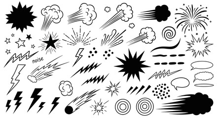 Dynamic cartoon graphic elements set featuring explosive bursts, lightning bolts, speed lines, smoke puffs, and stars for creative design projects and illustrations
