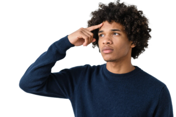 A young man with curly hair is in a thoughtful pose, touching his forehead as he contemplates.