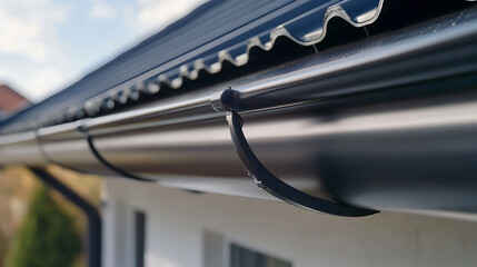 A close-up of a dark metal gutter system attached to a house's roofline, showcasing its sleek design and functionality against the backdrop of a bright sky. Durable rainwater management.