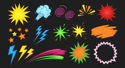 Vibrant Collection of Dynamic Cartoon Style Graphic Effects Featuring Energetic Starbursts, Lightning Bolts, Speed Lines, and Expressive Impact Explosions for Creative Design Projects