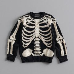Ugly Halloween sweater with skeleton bones design, isolated on gray background.. October season, funny, ugliest halloween or fall sweater ever made. Tacky sweater with rib cage and xray of human bones