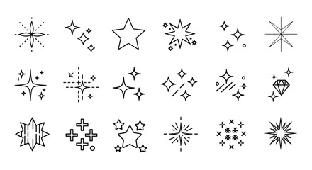 Outline vector icons set of stars and sparkles, featuring various twinkling effects, light bursts, and shining graphic elements for modern design