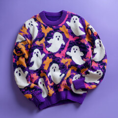 Ugly halloween sweater with ghosts. Funny retro purple, pink and orange holiday sweater isolated on purple.