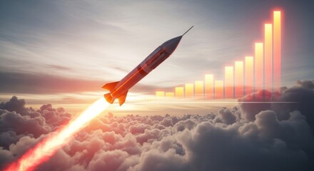 Rocket soaring through clouds past a growing bar graph, symbolizing rapid business growth and success