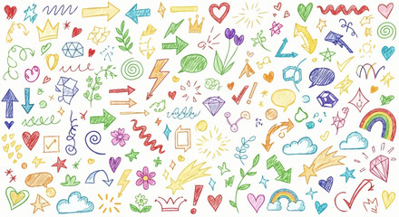 Vibrant Hand-Drawn Doodle Collection of Arrows, Hearts, Stars, and Abstract Shapes for Creative Design Projects – Playful Graphic Elements Set