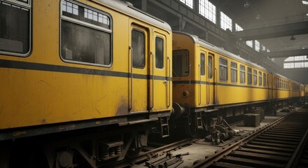 Fototapeta premium Yellow train cars are parked on tracks inside a large, industrial building with a high ceiling.