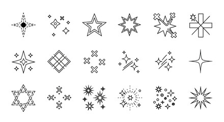 Versatile vector collection of outline sparkle, shine, and starburst icons. Includes diverse light effects, glints, and glowing elements for dynamic graphic, web, and animation projects