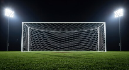 Soccer goal illuminated by stadium lights on a dark night, pristine green field, competitive sports arena