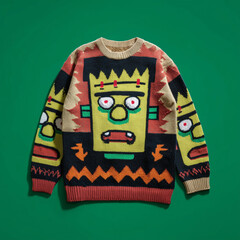 Ugly halloween sweater with a cartoon image of Frankenstein monster and other pattern. Funny holiday sweater isolated on green.