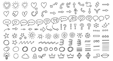 Hand-Drawn Doodle Icon Set with Sketchy Hearts, Arrows, Stars, Speech Bubbles, and Organic Shapes for Creative Design and Playful Visuals