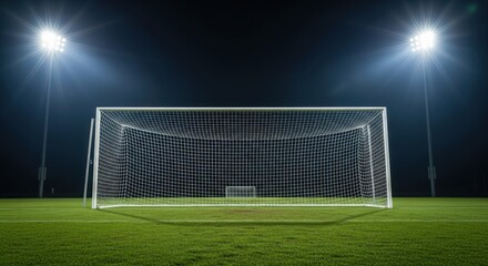 Illuminated soccer field and net with stadium spotlights creating dramatic atmosphere for sports photography