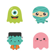 Halloween characters : Green cyclops monster, a blue mummy, a teal Frankenstein, and a pink ghost, depicted with friendly expressions.