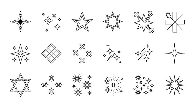 Versatile vector collection of outline sparkle, shine, and starburst icons. Includes diverse light effects, glints, and glowing elements for dynamic graphic, web, and animation projects