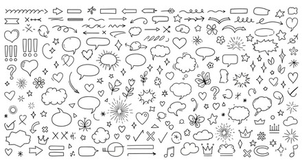 Extensive Hand-Drawn Doodle Graphic Elements Collection Sketchy Arrows, Speech Bubbles, Hearts, Stars, and Decorative Icons for Creative Design Projects
