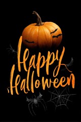 Happy halloween calligraphy logo with pumpkin, bat and spider web