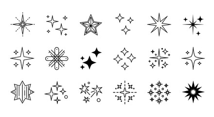 Set of sparkling star icons and twinkling light burst symbols, perfect for adding a touch of magic, celebration, or decorative flair to designs and digital media