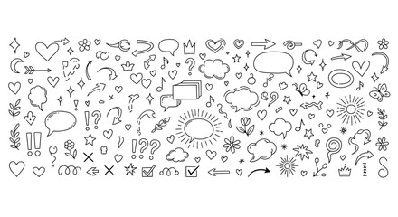 Diverse Collection of Hand-Drawn Doodle Graphic Elements Vector Set for Creative Design Projects, Social Media Content, and Playful Illustrations