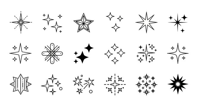 Set of sparkling star icons and twinkling light burst symbols, perfect for adding a touch of magic, celebration, or decorative flair to designs and digital media