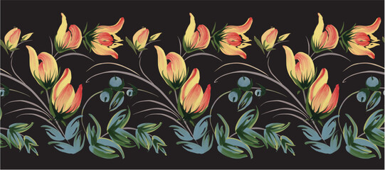 Floral vector seamless border pattern from yellow flowers and blue berries on a black background