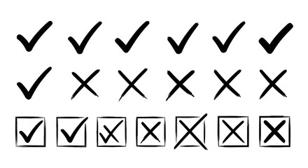 Versatile hand-drawn checkmark and cross mark vector set for design projects, featuring sketched tick and 'X' symbols for approval, rejection, completion, or error indications.  © Adam