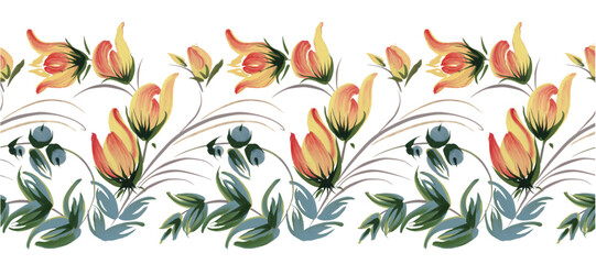 Floral vector seamless border pattern from yellow flowers and blue berries on a white background
