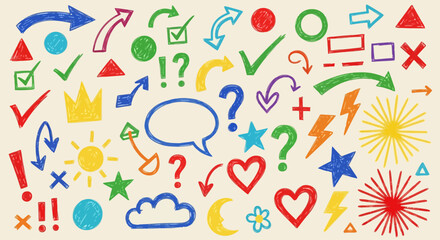 Vibrant and Playful Hand-Drawn Doodle Elements Collection for Creative Graphic Design Projects, Presentations, and Engaging Digital Content