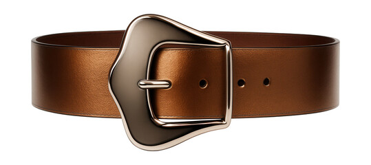 Asymmetrical buckle belt featuring a wide leather strap with a metallic sheen.
