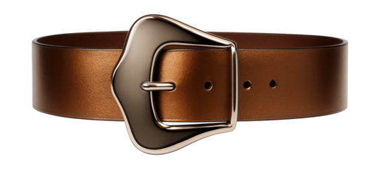 Asymmetrical buckle belt featuring a wide leather strap with a metallic sheen.